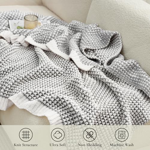 Amélie Home Waffle Chenille Throw Blanket for Couch, Pineapple Stitch Knit Soft Cozy Knit Blanket Decorative Throw for Sofa, Chair, 60"x80", Grey&Ivory