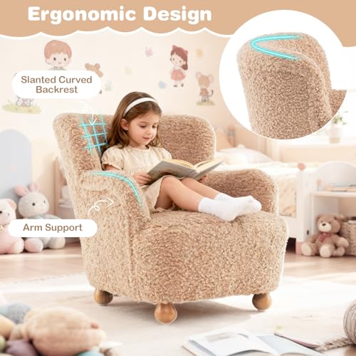 Image of KOTEK Comfy Toddler Chair, Sherpa Kids Armchair with Rubber Wood Legs, Children Reading Chair for Boys & Girls, Upholstered Kids Sofa for Playroom Bedroom Nursery (Pink)