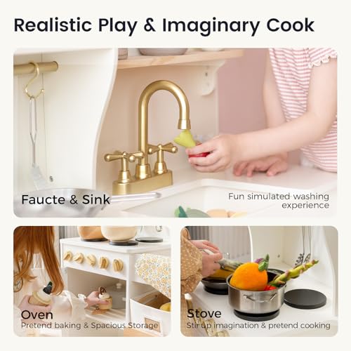 Image of Tiny Land Wooden Play Kitchen for Kids with Toy Storage for Pretend Play