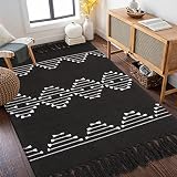 AGELMAT Black Rug 5' x 7' Large Living Room Rug Woven Cotton Area Rug with Tassel Tribal Collection