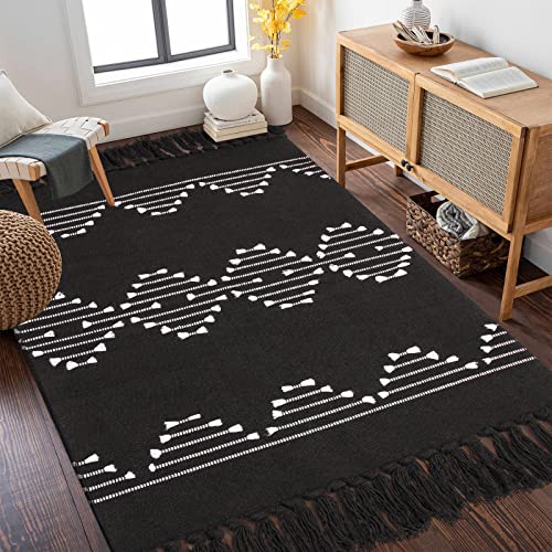 Agelmat Black Rug 5' X 7' Large Living Room Rug Woven Cotton Area Rug With Tassel Tribal Collection Geometric Moroccan Carpet Indoor Outdoor Mat For Bedroom Dining Room Balcony #TOP7