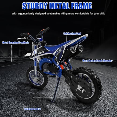 Kids Dirt Bike,Gas Dirt Bike for Kids 8-14 49cc 2-Stroke Mini Motorcycle Motorbike Beach Off Road Vehicles Children Pocket Bikes with Front Rear Disc Brakes Easter Birthday Gift for Boys Girls Blue