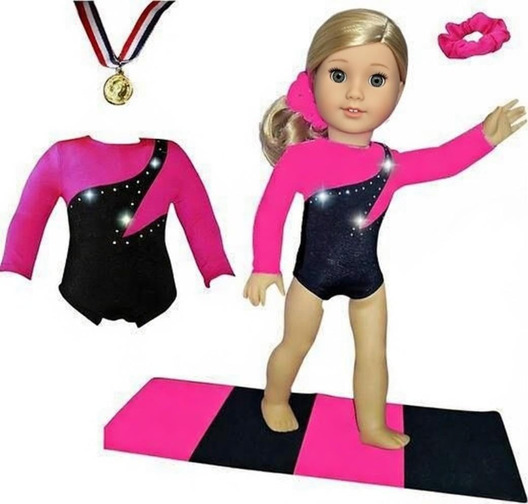 Sparkling Success: 2026 American Doll Girl Pink Gymnastics Clothes Set with Leotard, Mat, Olympic Medal and Hair Accessory. 4 PCS in All! Doll Not Included