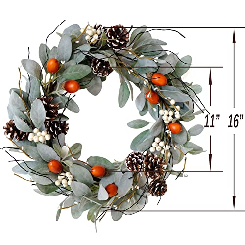 Idyllic 16 Inches Rabbit Ear Lobe Front Door Wreath, Fall Green Leaves Wreath With White Berry, Acorn And Pine Cone Wreath For Indoor And Outdoor #TOP1