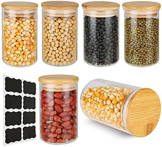 6 PCS Glass Storage Jars Set 300ml Small Spice Jars with Bamboo Wood Lids Airtight and Labels for Home Kitchen Pantry for Food Cookie Candy Snack Pasta Spaghetti Cereal Coffee Flour Tea Herb Grain