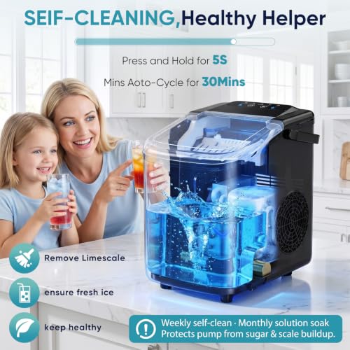 Image of DUMOS Ice Maker Countertop, Ice Machine with Portable Handle, Basket and Scoop, 26lbs Daily, 9 Bullet Cubes in 6-8 Mins, Auto-Cleaning for Home, Kitchen, Office, Outdoors, RV Camping