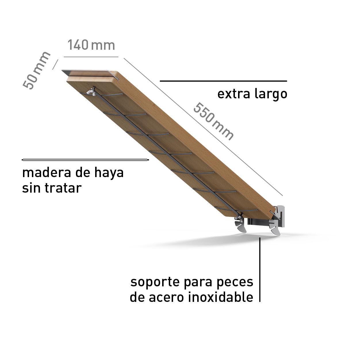höfats - Tabla de salmón flameado con soporte de acero inoxidable - Tabla para ahumar salmón flameado de haya - Ajustable para controlar la temperatura - Extra largo: 55 cm - 4 posiciones reversibles