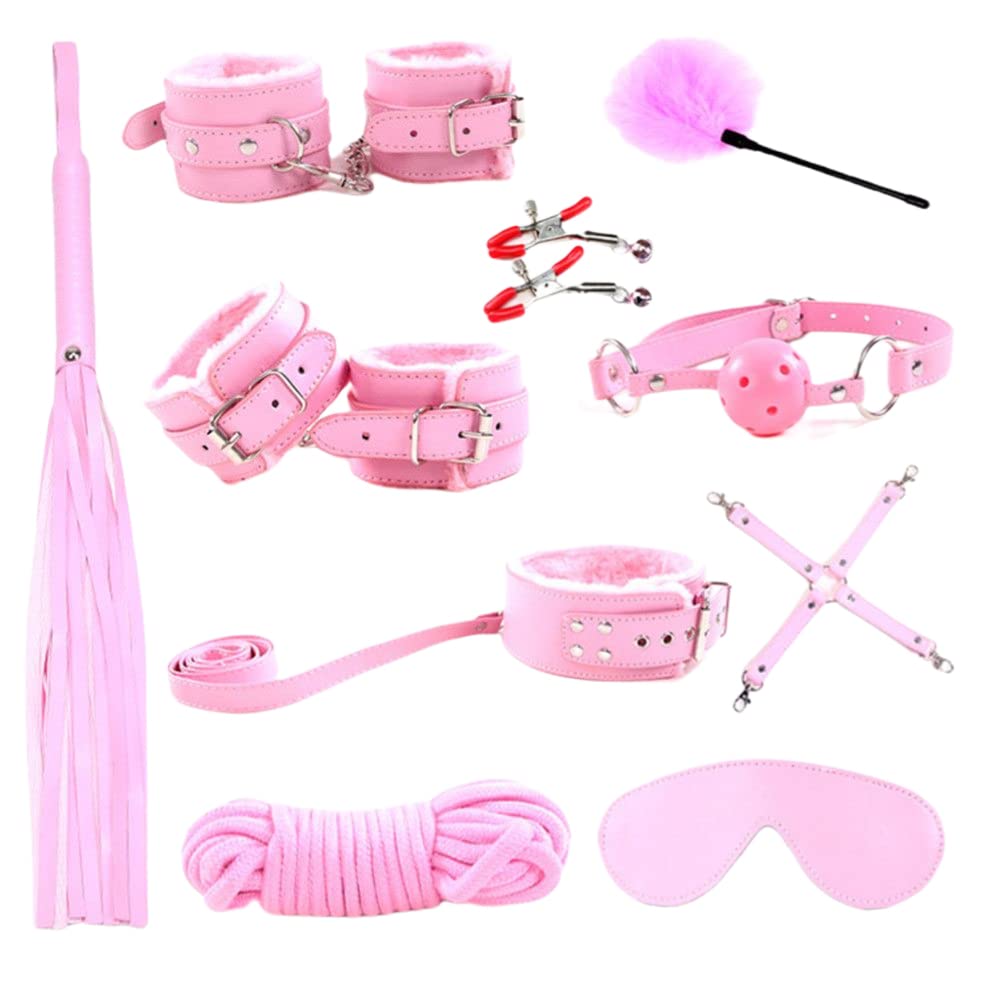 Blacktop Wasteland 10 pieces/set sex tool bondage leather fetish kit restraint slave sex toy couple bondage suit handcuffs adult game,Pink whip set