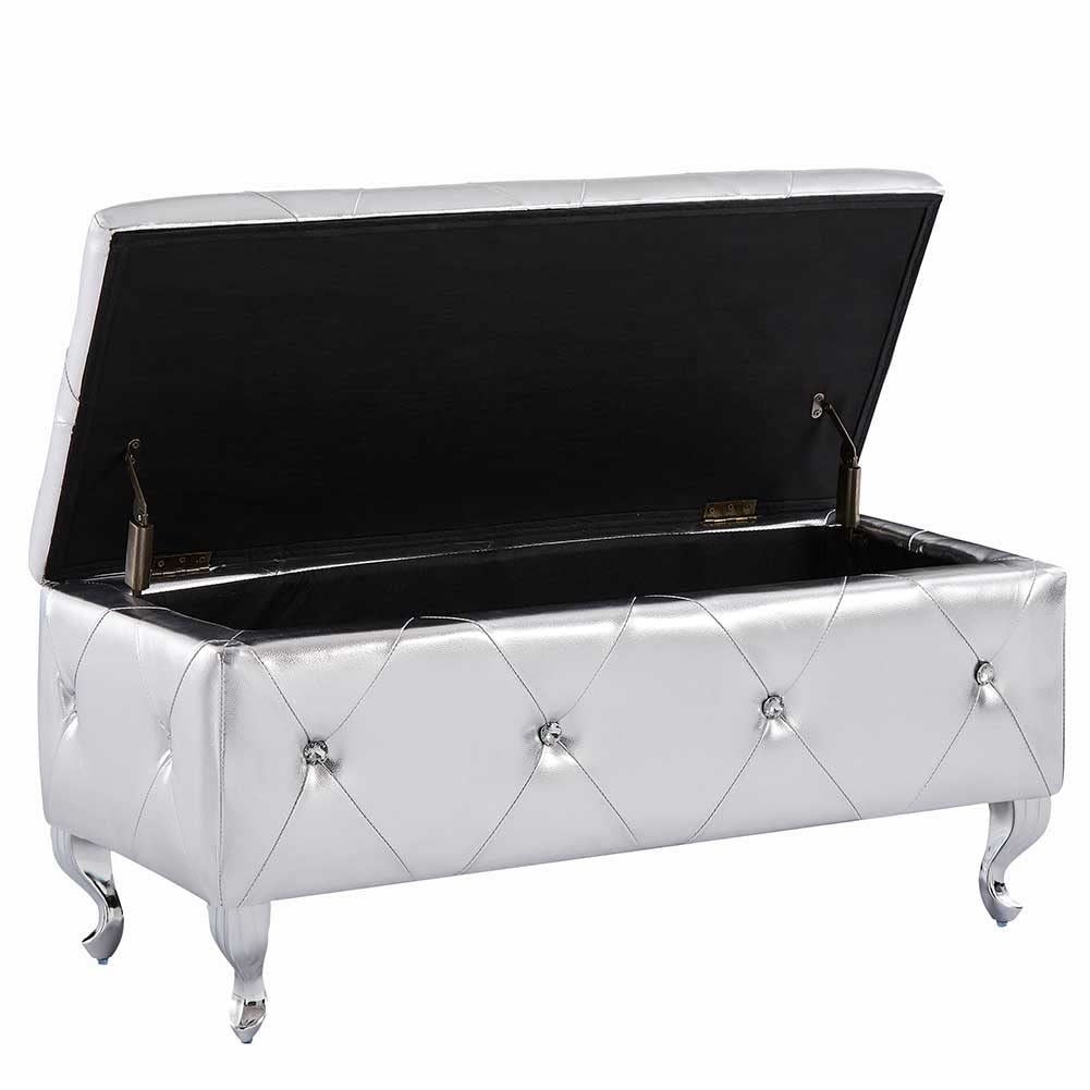 BAKAJI Baúl de Almacenamiento para reposapiés, para Dormitorio, Banco de Madera, Revestimiento de Piel sintética, decoración Acolchada con Cristales, Patas de Metal, diseño Moderno (Silver)