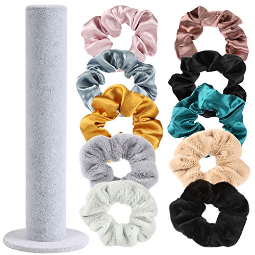 Hair Scruchies Holder Stand & 10 Pcs Hair Scruchies For Women & Girls Thick Or Thin Hair, Velvet Hair Scrunchies Organizer with 6 Silk Satin Scruchies and 4 Artificial Fur Plush Elastic Hair Bands