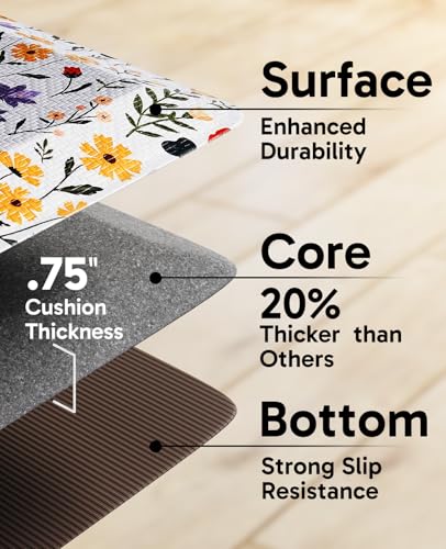 Image of Ophanie Kitchen Mats for Floor, 3 /4 inch Thick, 20x48 Anti Fatigue Cushioned Mat, Kitchen Rugs, Waterproof, Comfort Ergonomic Standing Mat for Office, Home, Sink, White Flower Non-Slip Ridged Bottom