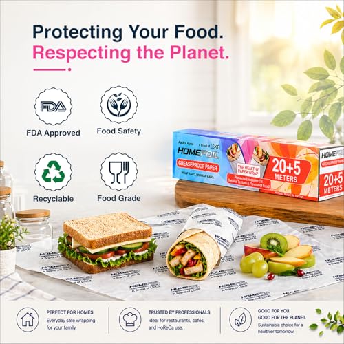 Image of HOMEFOIL Greaseproof Food Wrapping Paper Roll 25 Meter | Butter Paper | Oil Resistant | Food Grade | Microwave & Oven Safe | Ideal for Chapati, Roti Wrapping, Sandwich & Lunch Box