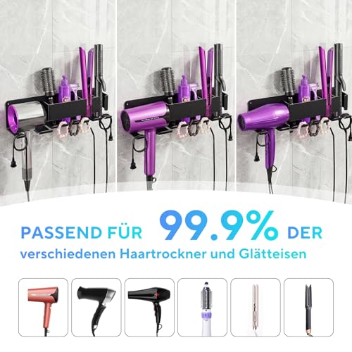 DOTCUTY Föhn Halterung Wandmontage, Fönhalter ohne Bohren zum Kleben oder Schrauben, Metall Fönhalter fürs Bad, Haartrockner Halterung mit Haken für Glätteisen, Lockenstab, Bürsten & Haarzubehör