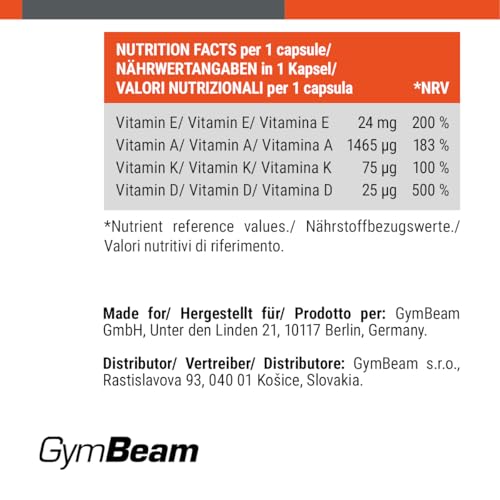 GymBeam Vitamin ADEK (Kapseln) - mit fettlöslichen Vitaminen (A, D, E, K), unterstützt Immunsystem, gesunde Knochen, Haut und Schleimhäute, Eisenstoffwechsel, Sehkraft und Muskelfunktion, 90 caps