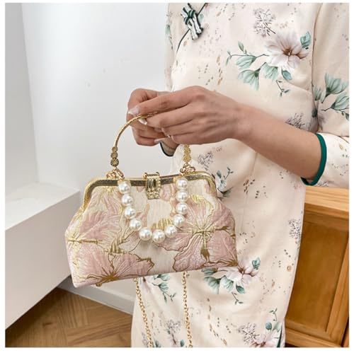 Image of Pearl Evening Bag for Women Lily Pattern Vintage Embroidered Floral Clutch Purse Evening Handbag Shoulder Crossbody Bags