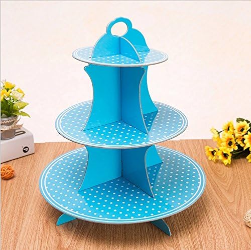 3-Tier Cardboard Party Cupcake Display Stand/Dessert Stand/Tea Party Pastry Serving Platter/Food Display Stand-Blue & dot