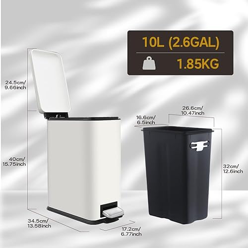 Miniatura 24 de Bote de basura plateado de 10L/2.6 galones con tapa, cuenta con un cubo interior extraíble, una tapa de cierre suave y un pedal de acero inoxidable