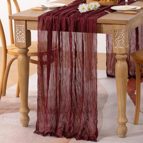 Image of MLMC Burgundy Red Table Runner 10ft Wine Red Cheesecloth Table Runner Sheer Gauze Cheese Cloth Centerpiece 35x120 Inches for Wedding Bridal Shower Anniversary Events Decor