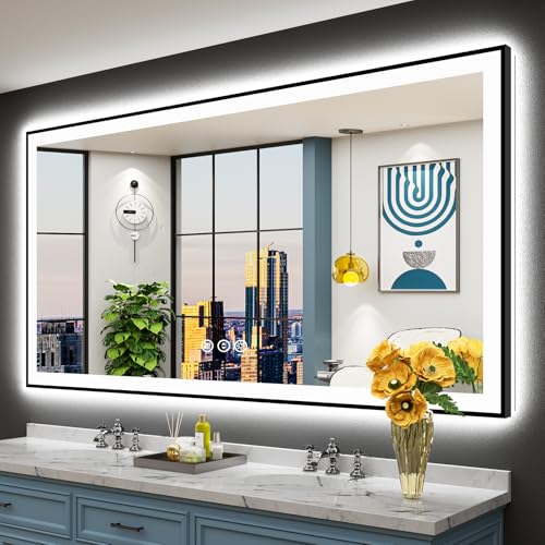 Image of 72x40 Black Framed LED Bathroom Mirror with Lights, Backlit and Front Lit Anti-Fog Lighted Vanity Mirrors for Bathroom Wall, Dimmable, 3 Colors, Memory, HD Tempered Glass, Horizontal /Vertical