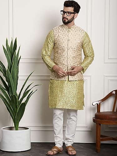 Image of SOJANYA (Since 1958 Men's Cotton Linen Maroon Kurta and White Pyjama with Mustard Cotton Nehru Jacket