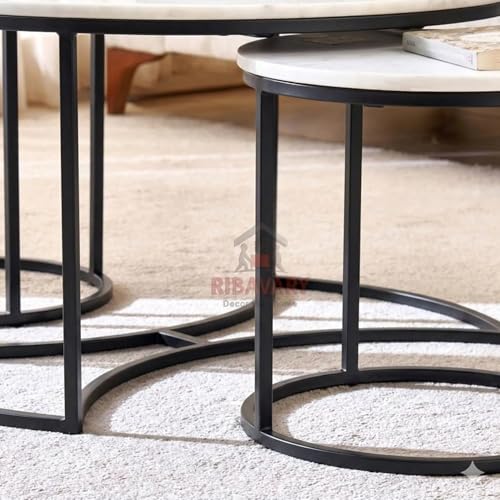 Image of Round Coffee Table Set of 3, Marble Laminated Accent Center Table with Sturdy Metal Base | Modern Foldable Nesting Stacking Tables for Living Room, Bedroom, or Apartments (Black White)