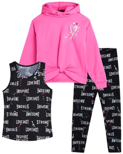 Image of RBX Girls Pants Set - 3 Piece Active Fleece Tank Top Pullover Girls Hoodies and Kids Leggings Athletic Set (7-14)