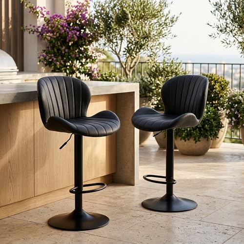 Image of HealSmart Bar Stools Set of 2, Adjustable Counter Height Swivel Stools, Modern Fabric Upholstered Bar Chairs with Backrest for Kitchen Island, Home Bar & Dining Area, Black