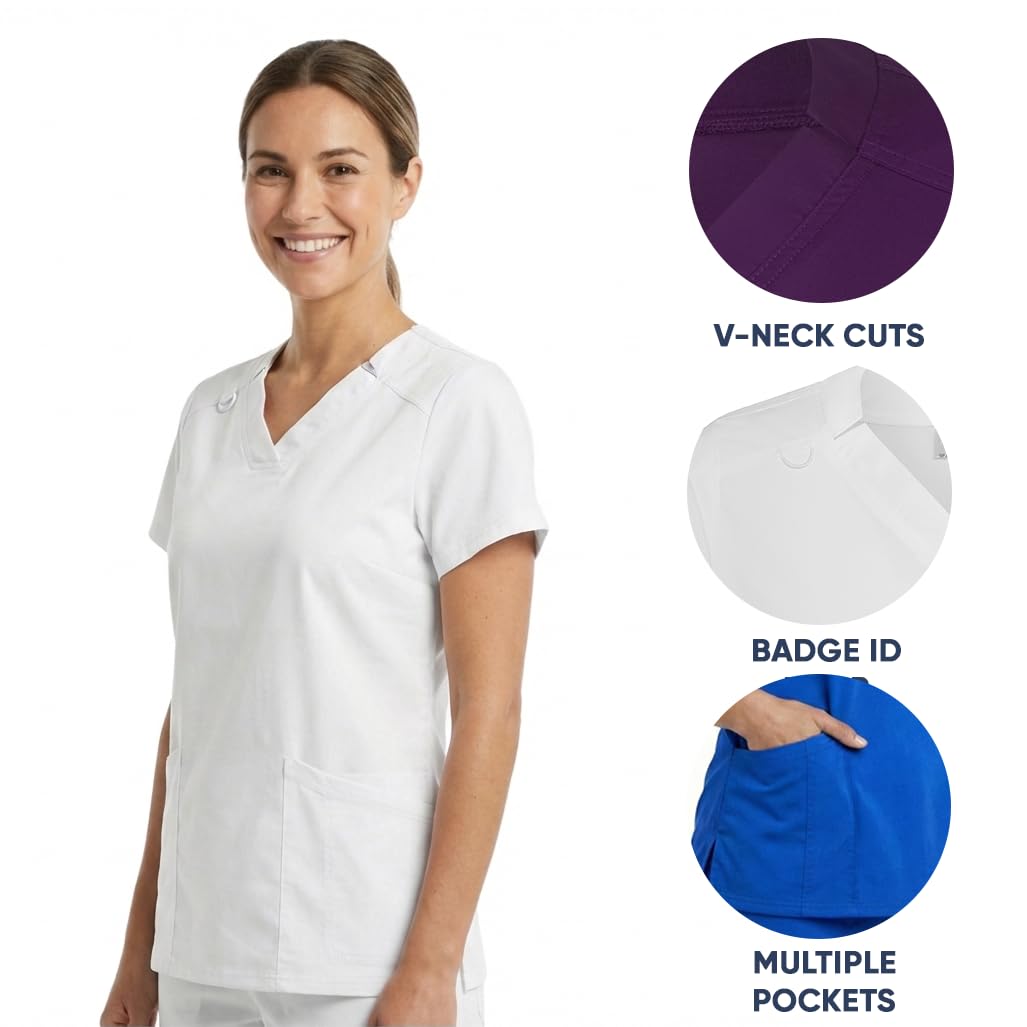 B-well ANGELICA Casaca de enfermería para mujer, túnica médica con cuello en V, bolsillos funcionales, transpirable y fácil de limpiar, ropa de trabajo para clínica y práctica - 4