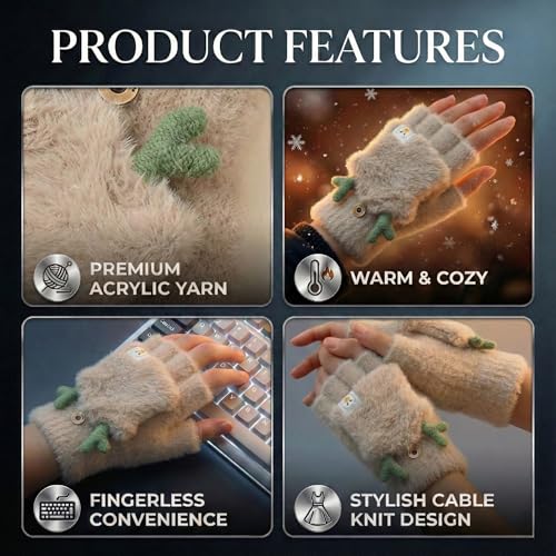 Image of Kraptick Women's Cute Reindeer Plush Convertible Fingerless Gloves - Winter Warm Fluffy Flip-Top Mittens - Korean Style Soft Hand Warmers for Girls & Ladies (Free Size, White)-3