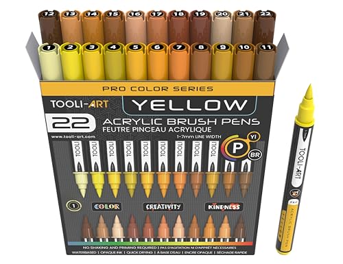 TOOLI-ART Flexible Brush Tip Acrylic Paint Pens Markers Set 1-7mm Line for Rock Painting, Brush Lettering, Glass, Mugs, Wood, Metal, Canvas, Fabric, Plastic Non Toxic Waterbased Quick Drying (YELLOW)