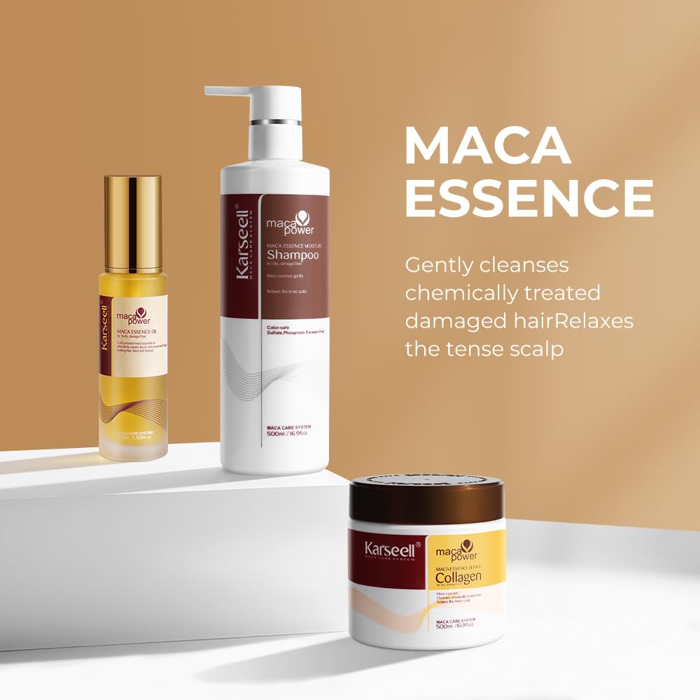 Karseell Hidratante Reparación Sets de Pelo, Colágeno Mascarilla Pelo, Champú Hidratante Y Aceite de Pelo para Seco y Dañado el Cabello, 2 x 500ml + 50ml