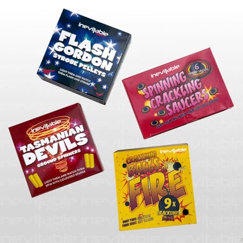 Multipack Party Favour Novelty Pyrotechnics | 9 x Crackling Balls of Fire 9 x Flash Gordon Strobe Pellets 9 x Tasmanian Devils Ground Spinners and 6 x Spinning Crackling Saucers | Low Hazard 1.4s