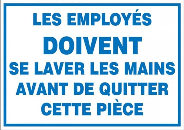 Safety Sign Sticker | Les employe's doivent se Laver les Mains Avant de Quitter cette Piece Sign, PVC Waterproof Sticker