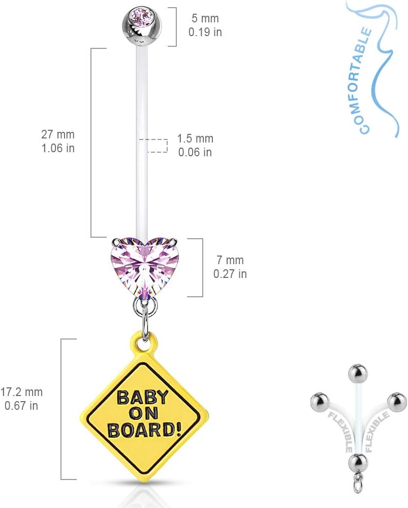 Pierced Owl - Double Jeweled Heart Baby on Board Dangle Pregnancy Maternity Belly Button Ring Retainer