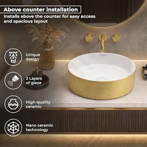 Image of Plantex Ceramic Table Top Wash Basin /Small Washbasin for Bathroom /Countertop Vessel Sink Basin(Gold&White -14 x14x5 Inch)