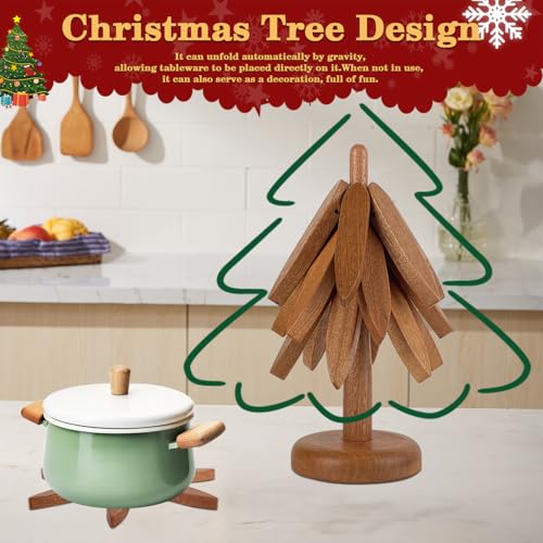 Wooden Trivets for Hot Dishes,Christmas Tree Trivet for Hot Pots and Pans,3Tree Coasters Set+ 1 Stand,Hot Pads for Kitchen(Wood) - Image 6