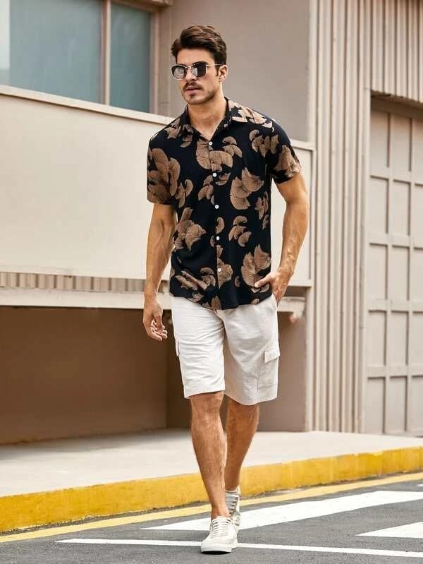 Image of LookMark Men's Trendy Cotton Blend Spread Collar Grey Color Printed Shirt