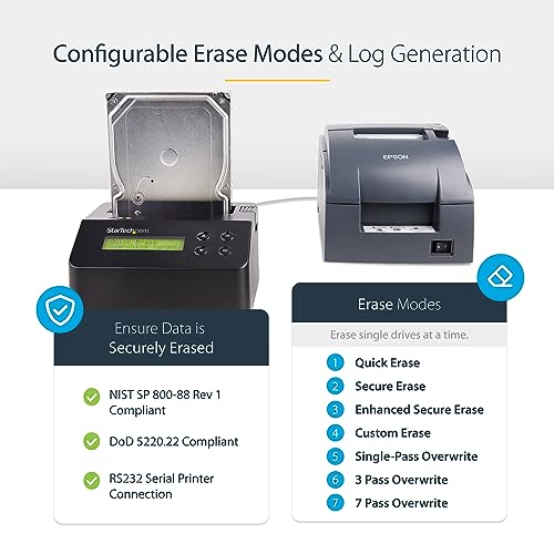 Image of StarTech.com Single Bay SSD /HDD Hard Drive Eraser, 2.5 /3.5 inch SATA, Hostless Standalone Secure Erase, Disk Sanitizer, Hardware Wiper Erasing Tool, 9 Modes, Printer Port, NIST /DOD, LCD, TAA (SDOCK1EU3P) | Standalone disk sanitizer, Hardware wiper, 9 modes, Single /3 /7-pass, Secure erase, NIST 800-88, USB 3.0, RS232 port
