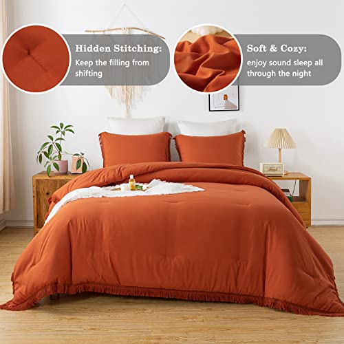 Andency Terracotta Queen Comforter Set, 3 Pieces Burnt Orange Boho Tassel Lightweight Bedding Comforter Sets, All Season Rust Soft Fluffy Fringe Bed Set (90X90In Comforter & 2 Pillowcases) #TOP5