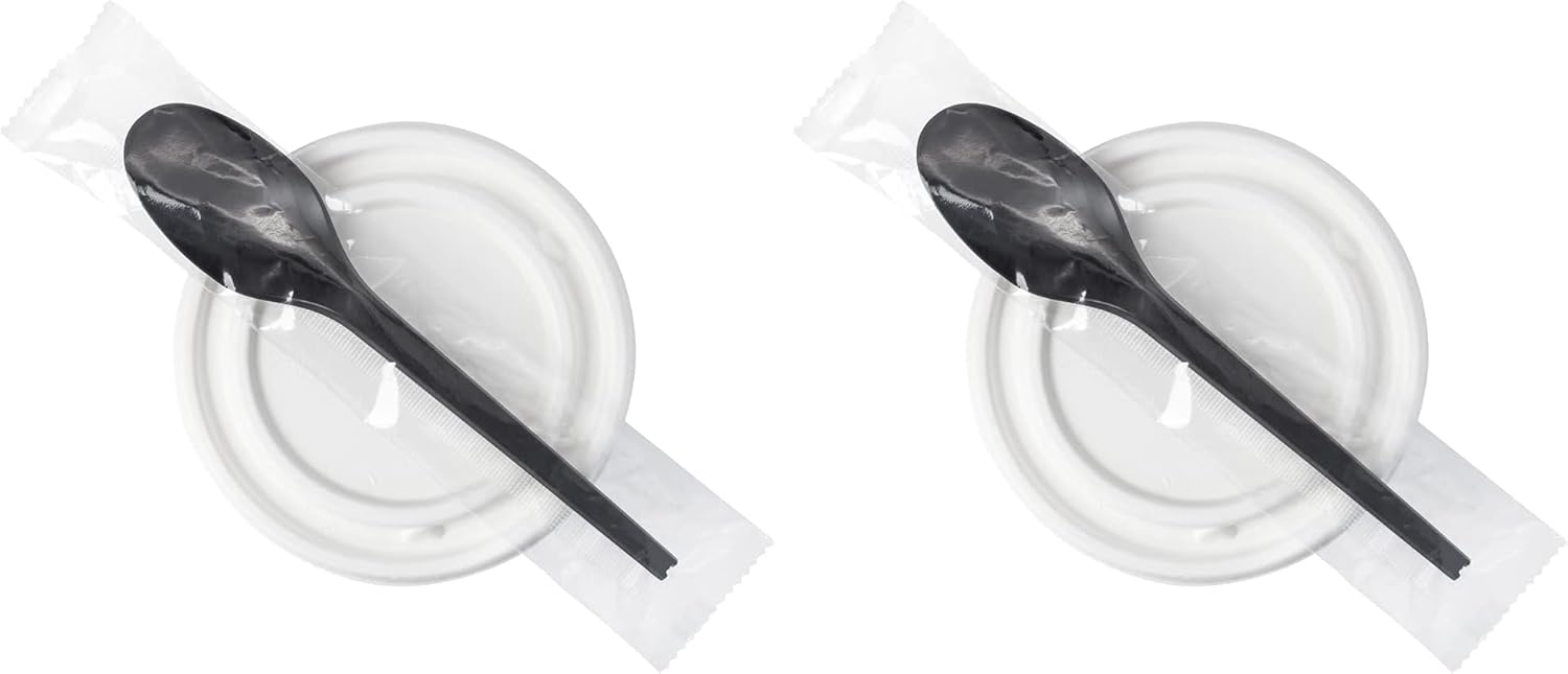 Restaurantware Basic Nature 6.5 Inch Wrapped Disposable Spoons 50 Individually Wrapped Plant-Based Silverware - Withstands Heat For Hot And Cold Foods Black Plastic Plant Starch Cutlery (Pack of 2)