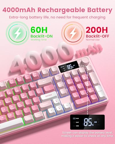 Image of Keymatic Gaming Keyboard Wireless Creamy Keyboard with Media Knob & Screen Cute Keyboard Mechanical Feeling with Number Pad RGB Backlit Tri-Mode BT /2.4GHz /USB-C - Pink