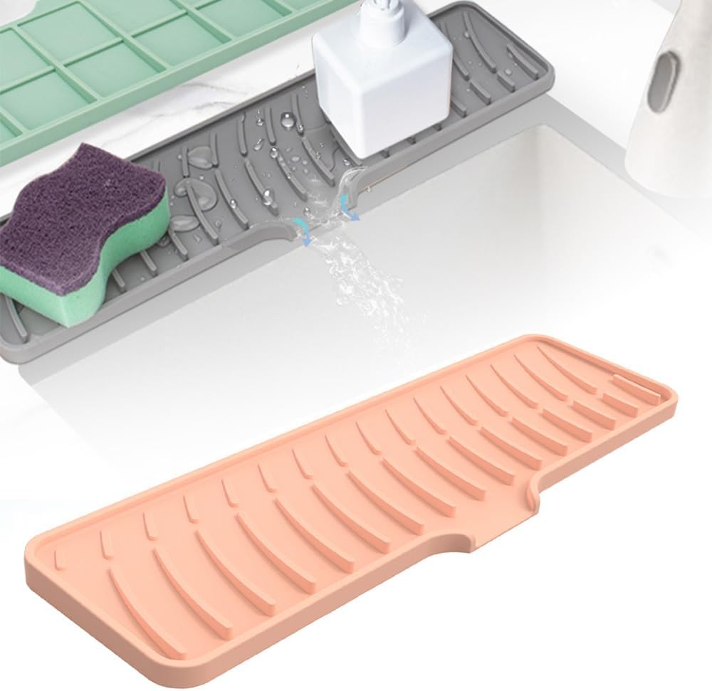 Newest Silicone Draining Mat for Kitchen Sink - Extended Non-Slip Drying Mat, Anti-Slip and Drainage (Pink)