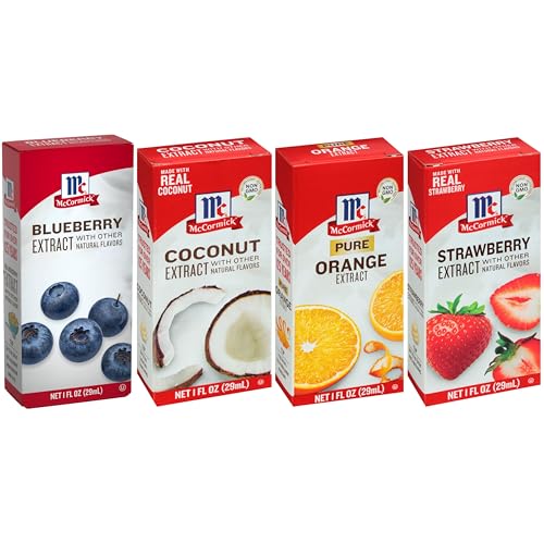 McCormick Fruity Extract Variety Pack, Includes Orange, Strawberry, Blueberry, and Coconut Flavors, For Baking, Mocktails, and More, 4 fl oz