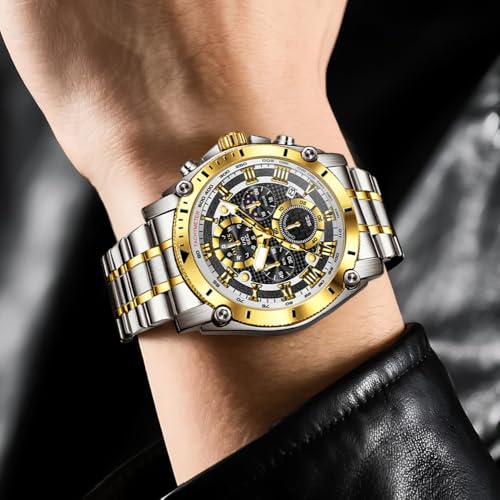 Image of OLEVS Men's Watch Luxury Big Face Stylish Original Business Dress Moon Phase Two Tone Stainless Steel Waterproof Calendar Wrist Watch