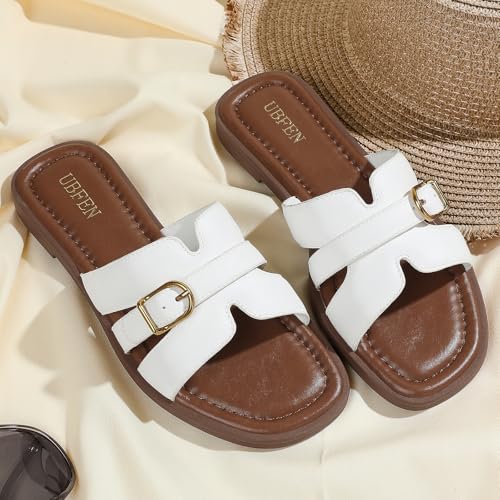 Image of UBFEN Womens Square Toe Flat Sandals Slides Dressy Comfortable for Beach