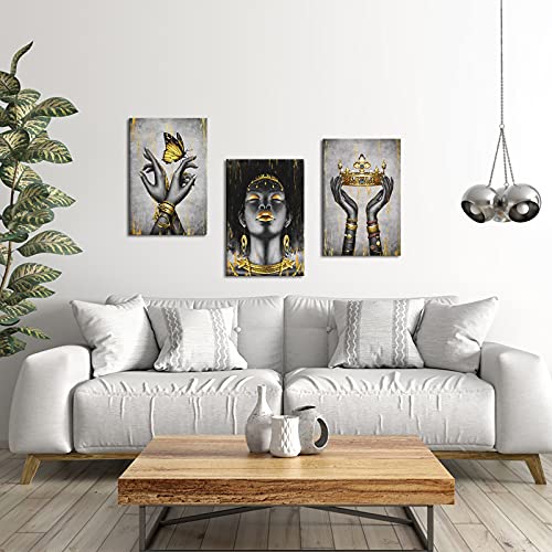 WELMECO Elegant African American Woman with Gold Crown Fashion Accessories Painting Giclee Prints Black Girl Canvas Poster Gallery Wrapped Artwork for Bedroom Living Room Makeup Room Decoration by WELMECO - Used condition - Image 2