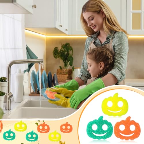 Image of FillTouch 3 Pcs Dual Sided Scrub Sponge Multi Functional Cute Temperature Sensitive Non Scratch Dish Sponge for Washing Dishes Kitchen Bathroom (Thanksgiving Pumpkin,Orange, Yellow, Green)