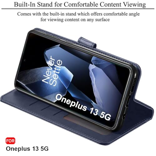 Image of TheGiftKart Flip Cover Back Case for OnePlus 13 5G | Genuine Leather Finish | Designer Button | Inbuilt Pockets & Stand | Wallet Style Flip Back Cover Case for OnePlus 13 5G (Faux Leather, Blue)