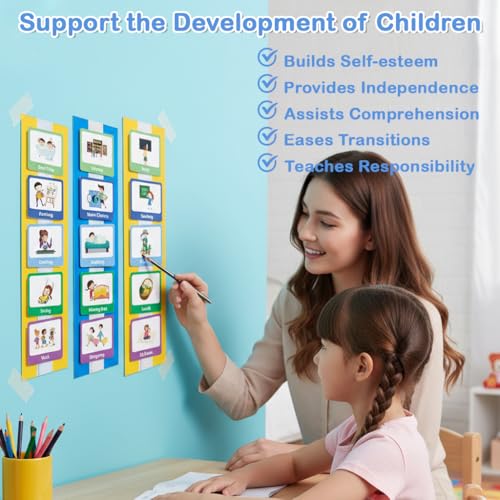 Image of PATPAT Schedule Planner Flash Cards for Kids, Wall Planner Autism Daily Chore Routine Chart with 60 Cards, 12 Background Boards, 12 Velcro, Flash Card for 3 Year Old Wall Planner for Home School