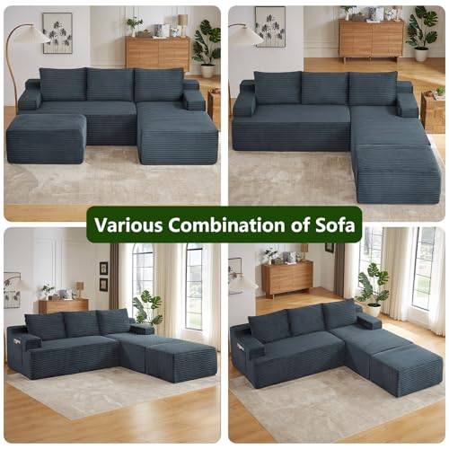 Image of 96.1 inch Modular Sectional Sofa with Ottoman, Modern Corduroy Cloud Couch, Boneless Couch Upholstered 3-Seater U-Shaped Sofa for Living Room, No Assembly (Dark Grey, Right-Facing Chaise)
